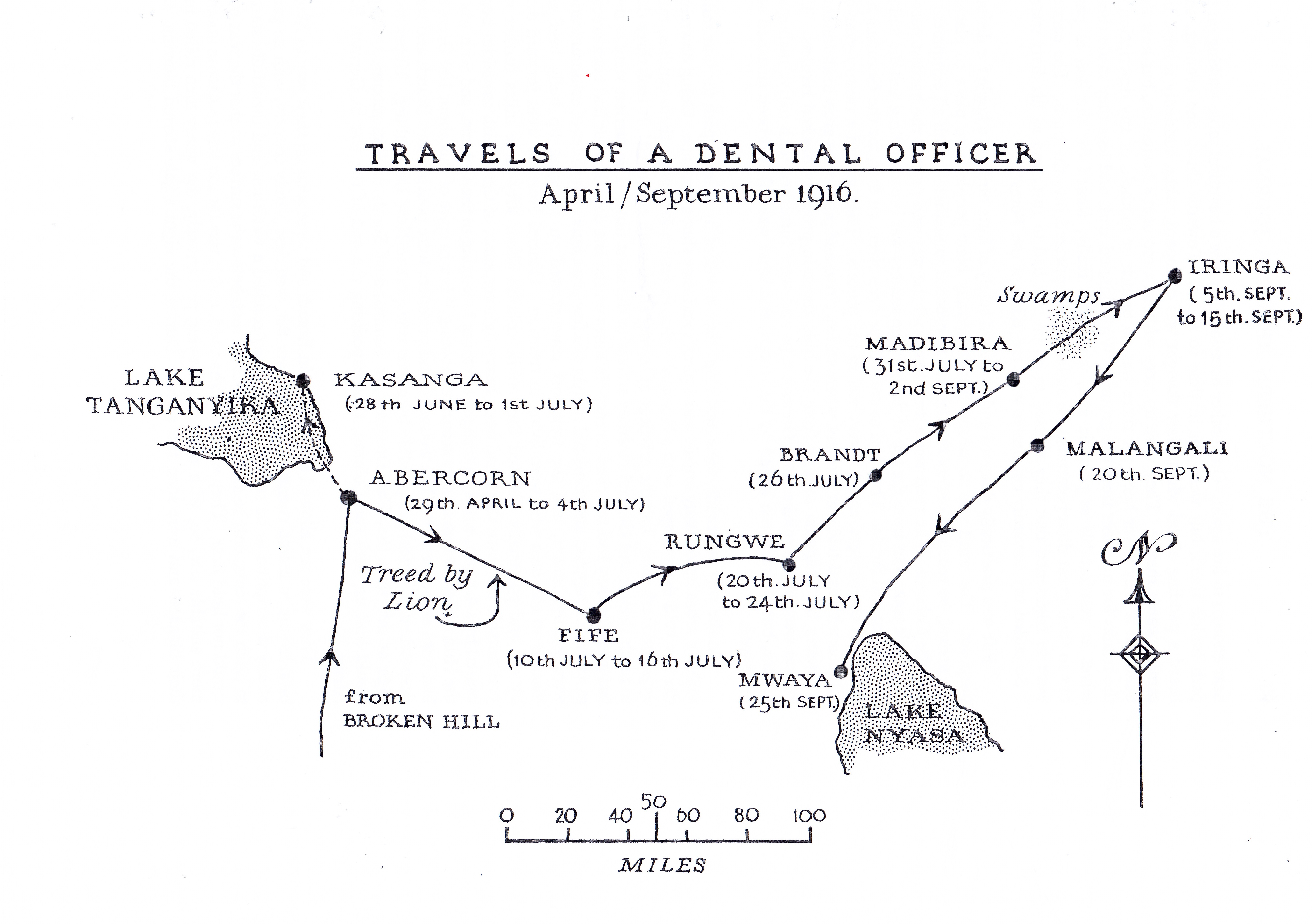 A map drawn by William of his expedition to the border of German East Africa in mid 1916